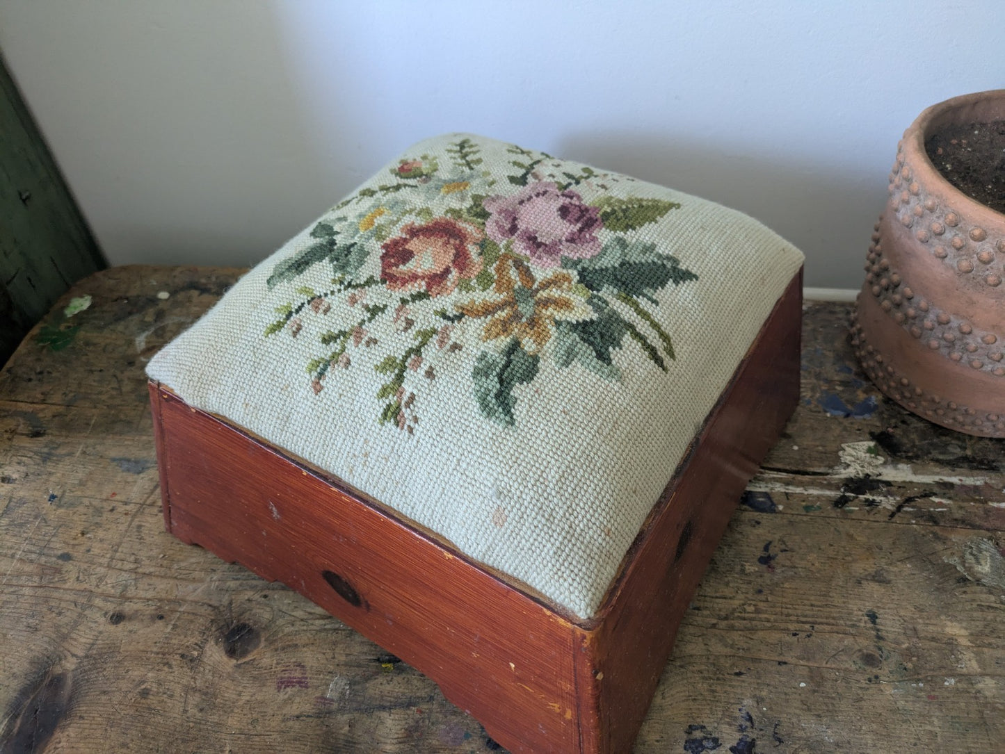 Vintage Tapestry Floral Stool Pine Base Rose Tapestry Top Footstool Original Old