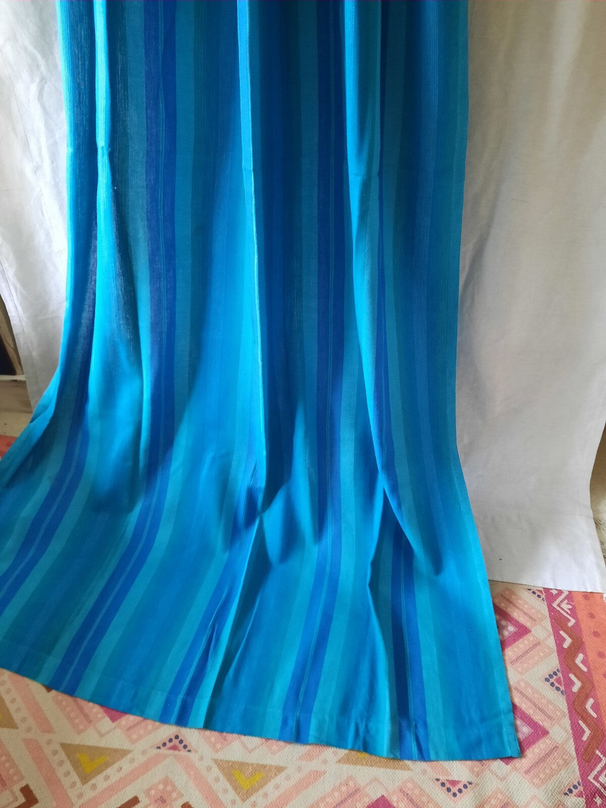 1x VINTAGE RETRO TEAL BLUE GREEN STRIPE MIDCENTURY CURTAIN 220.5cmD 114cmW long