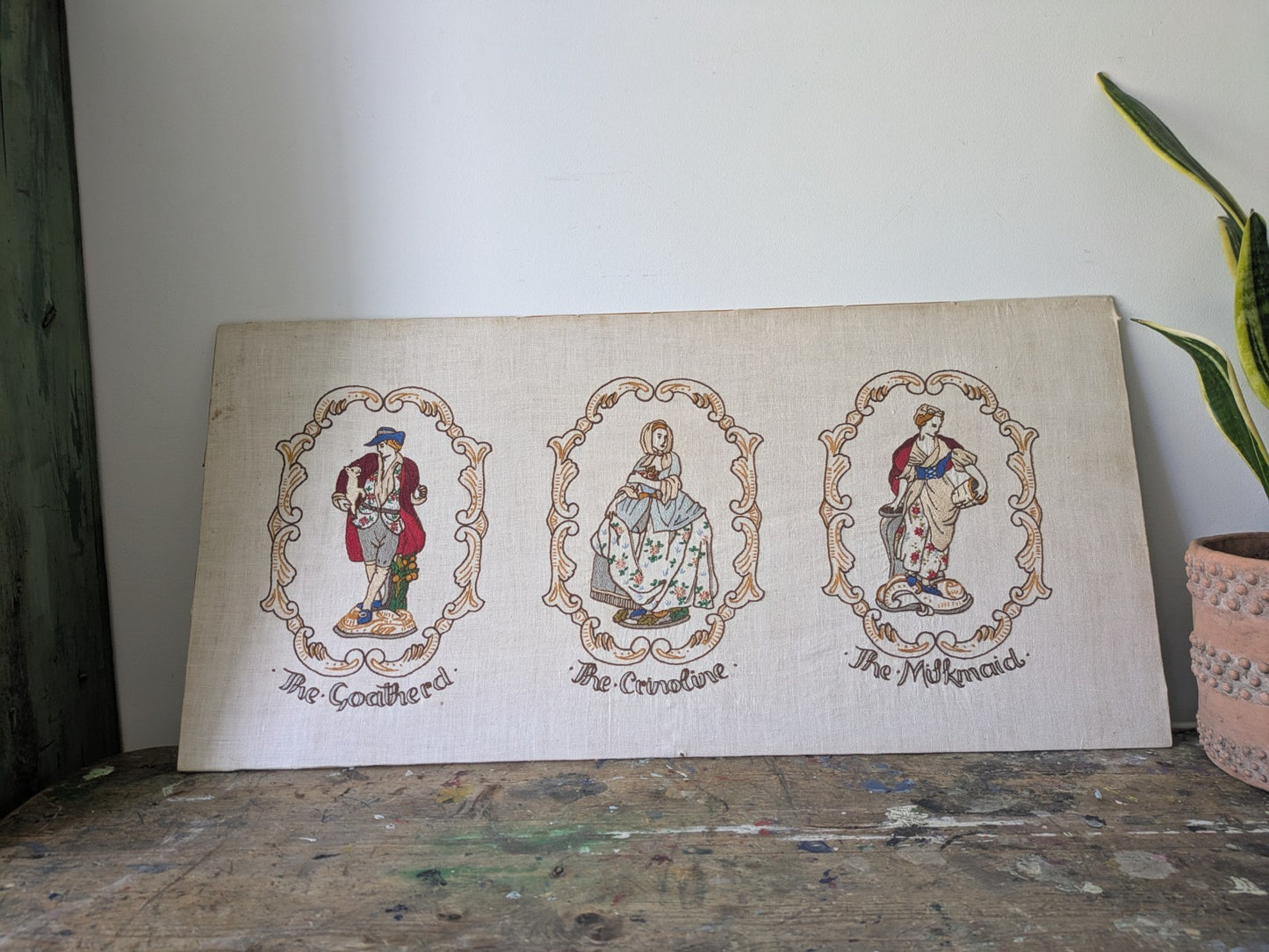 Vintage Antique Hand Embroidered Pictures of Crinoline Lady, Goatherd, Milkmaid
