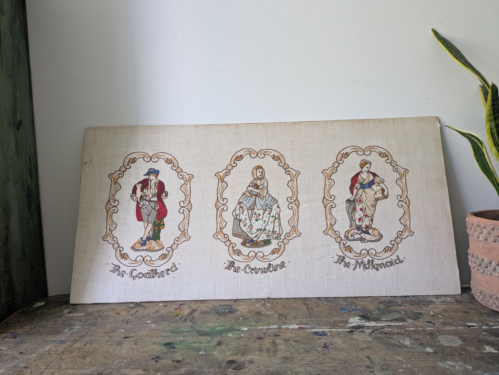 Vintage Antique Hand Embroidered Pictures of Crinoline Lady, Goatherd, Milkmaid