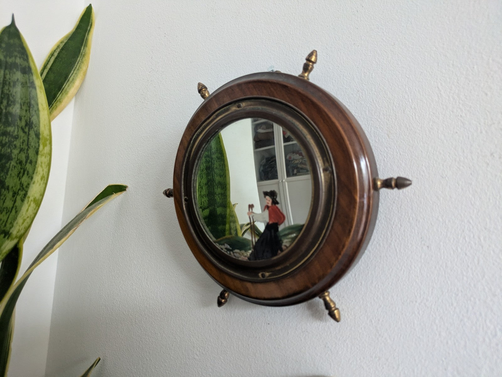 Antique Porthole Maritime Mirror Solid Oak Small Ships Wheel Nautical 1920s Vtg