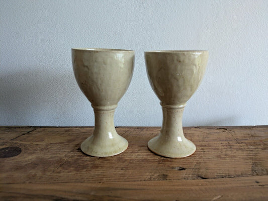 2x Vintage England Speckled Pottery Goblet Cup Mid Century Pair Set Wine Vessels