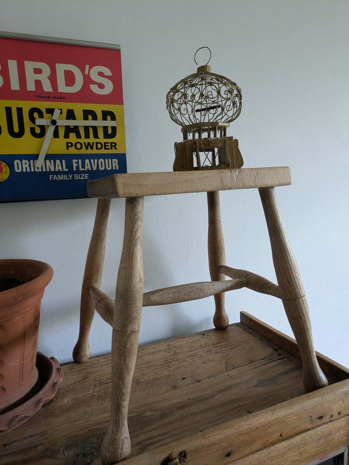 Antique Vtg 1880s Victorian Stool Beech Top Elm Leg Wooden Seat Utilitarian Vgc