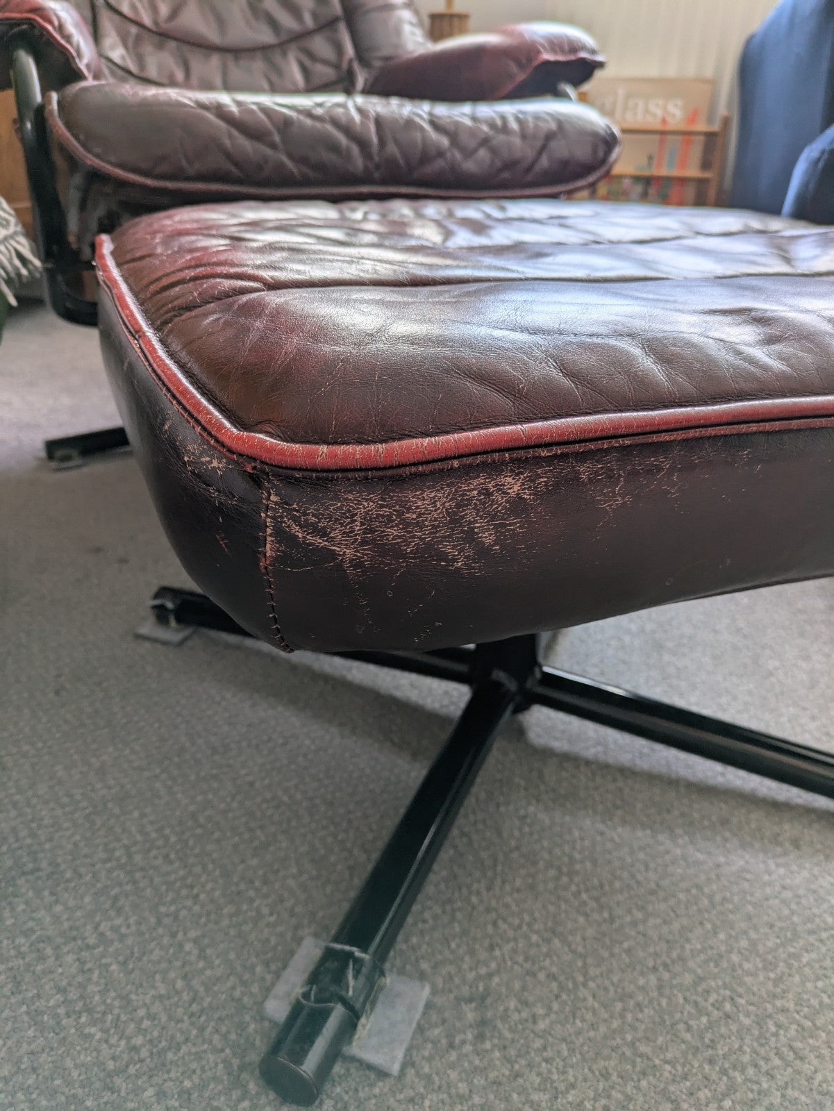 MCM Skoghaug Industries Oxblood Red Leather Swivel Recliner Armchair & Stool 60s