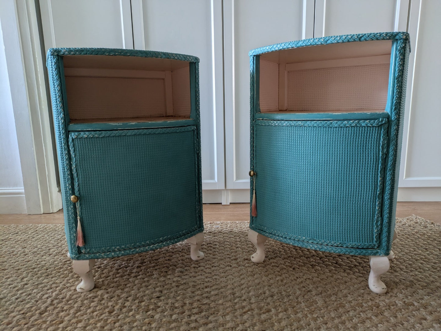 2x Vintage Lloyd Loom Bedside Table Bedside Drawers Cabinets Pair Painted French