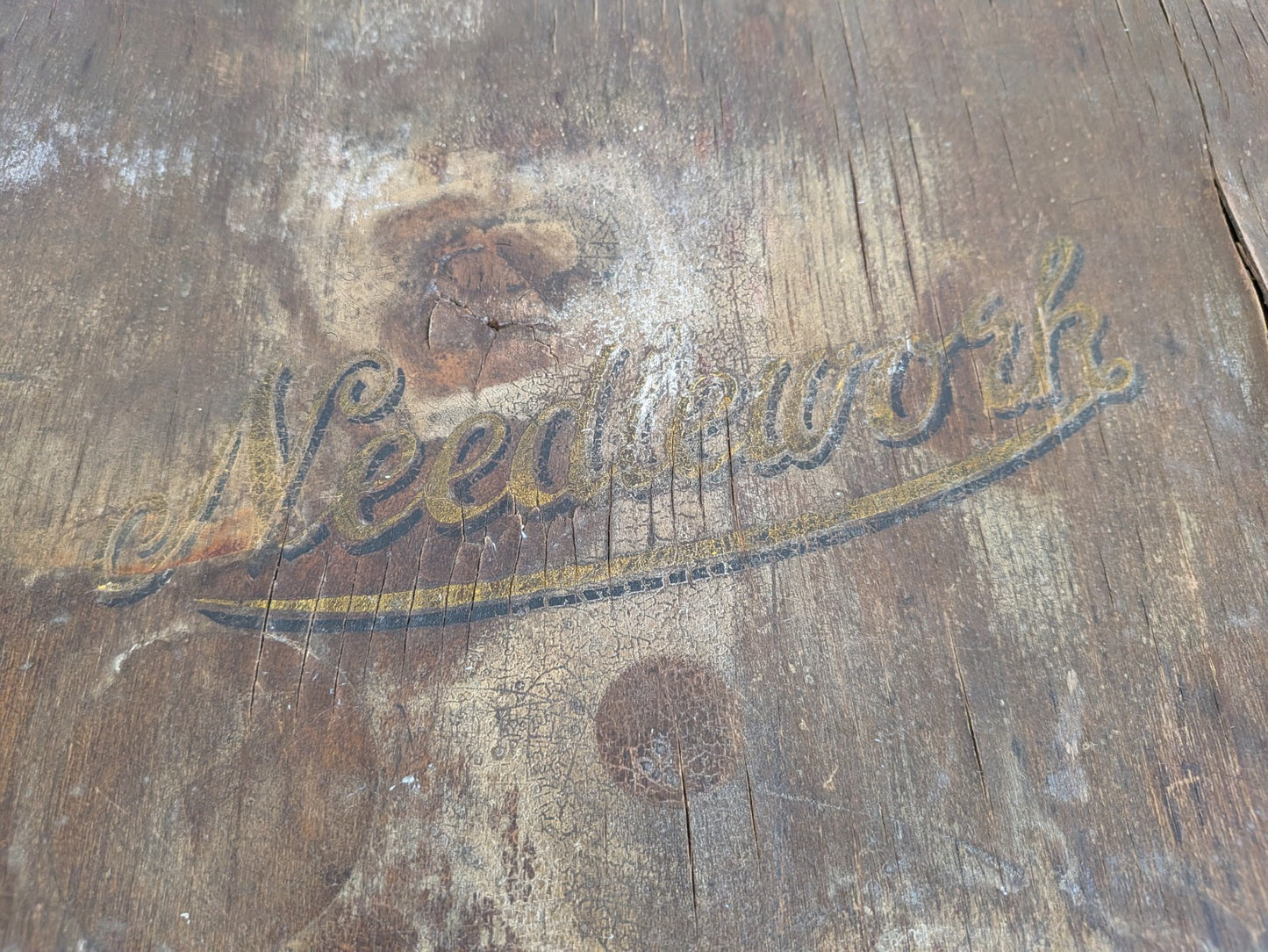 Antique Victorian Needlework Box Wooden Sewing Padded Interior Craft Gilt Letter