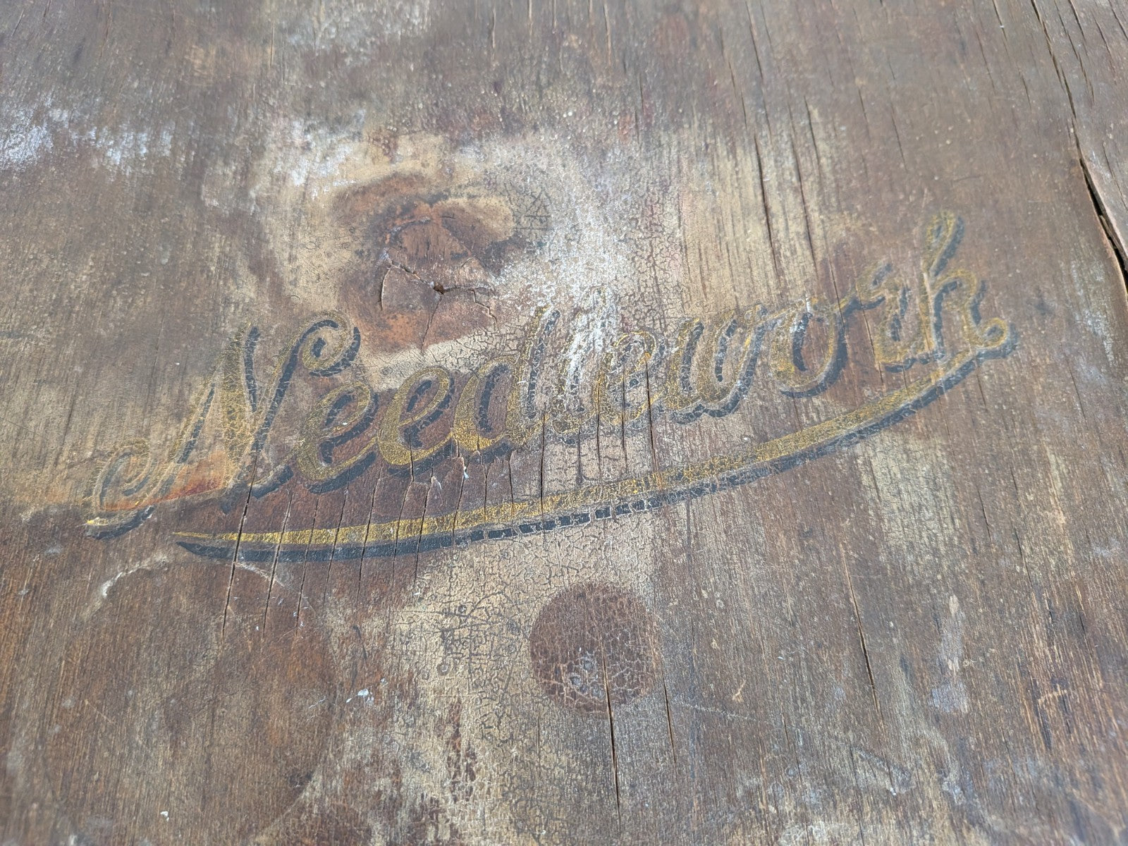Antique Victorian Needlework Box Wooden Sewing Padded Interior Craft Gilt Letter