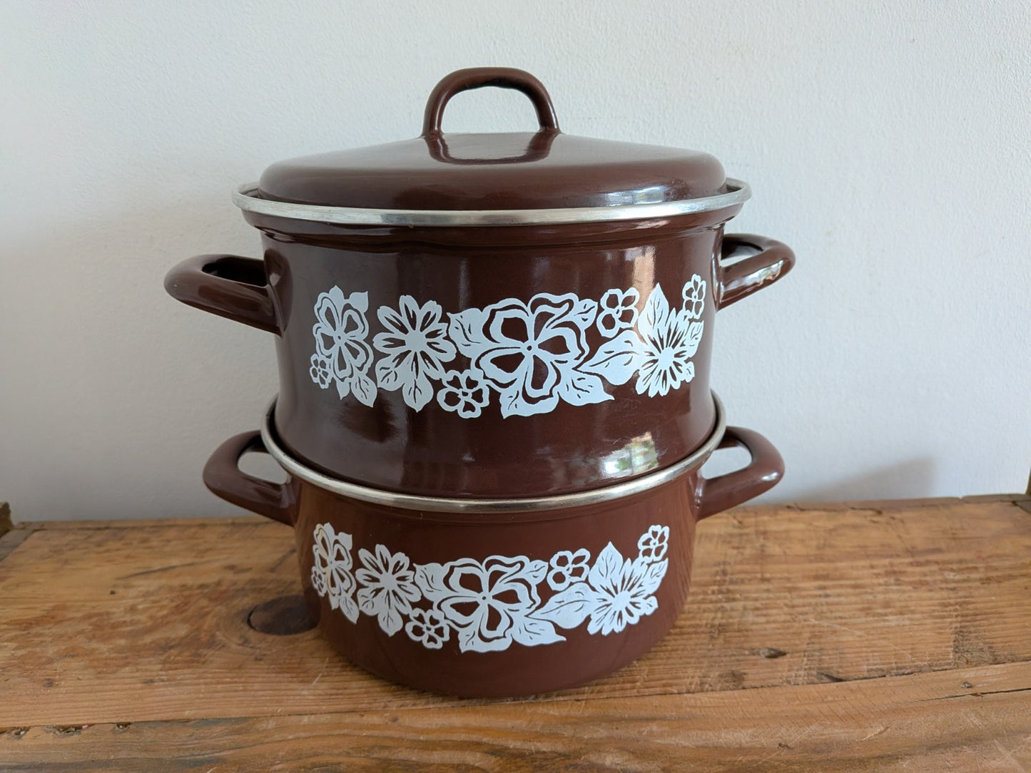 1970's Retro/Vintage Brown Enamel 2 Tier Steamer Stack Cooking Pan/Pot Set Pasta