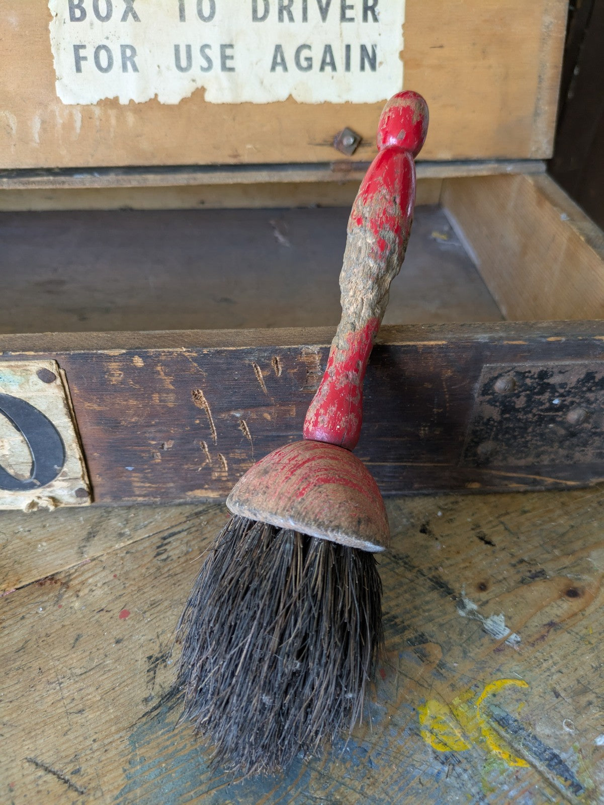 Antique Early Shaker Brush Primitive Wood Handle Red Paint Patina Chippy Vtg