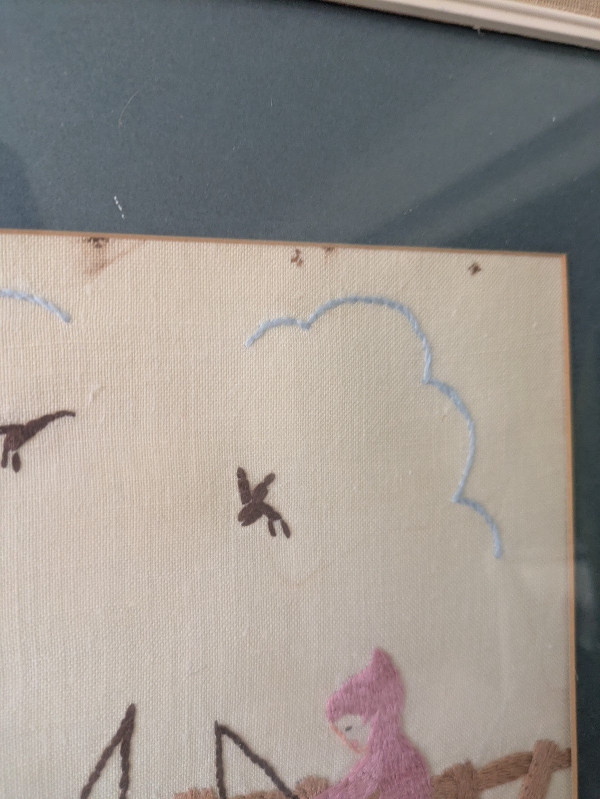 Vintage Hand Embroidery Oak Framed Picture Pixie Fishing Nursery Kitsch Retro!!