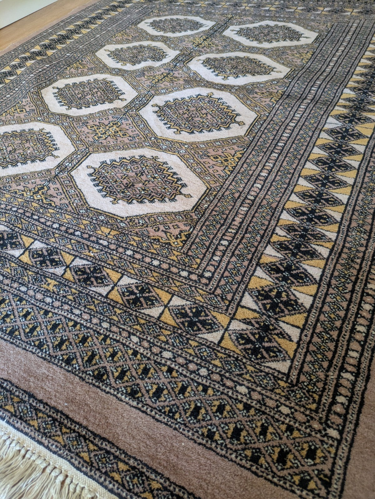 Cream Bokhara Hand Knotted Oriental Wool Afghan Turkmen Area Rug Gul Motif  Vgc