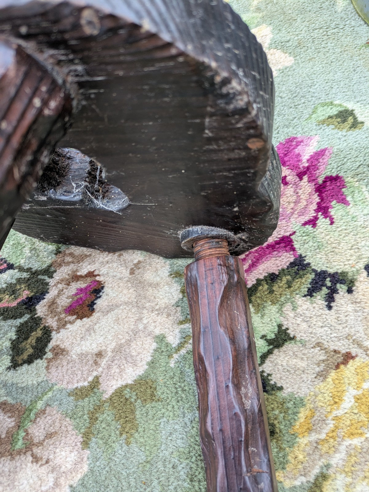 Vtg Hand Carved Stool Campaign Brutalist Screw Leg Wooden Milking Tripod Seat