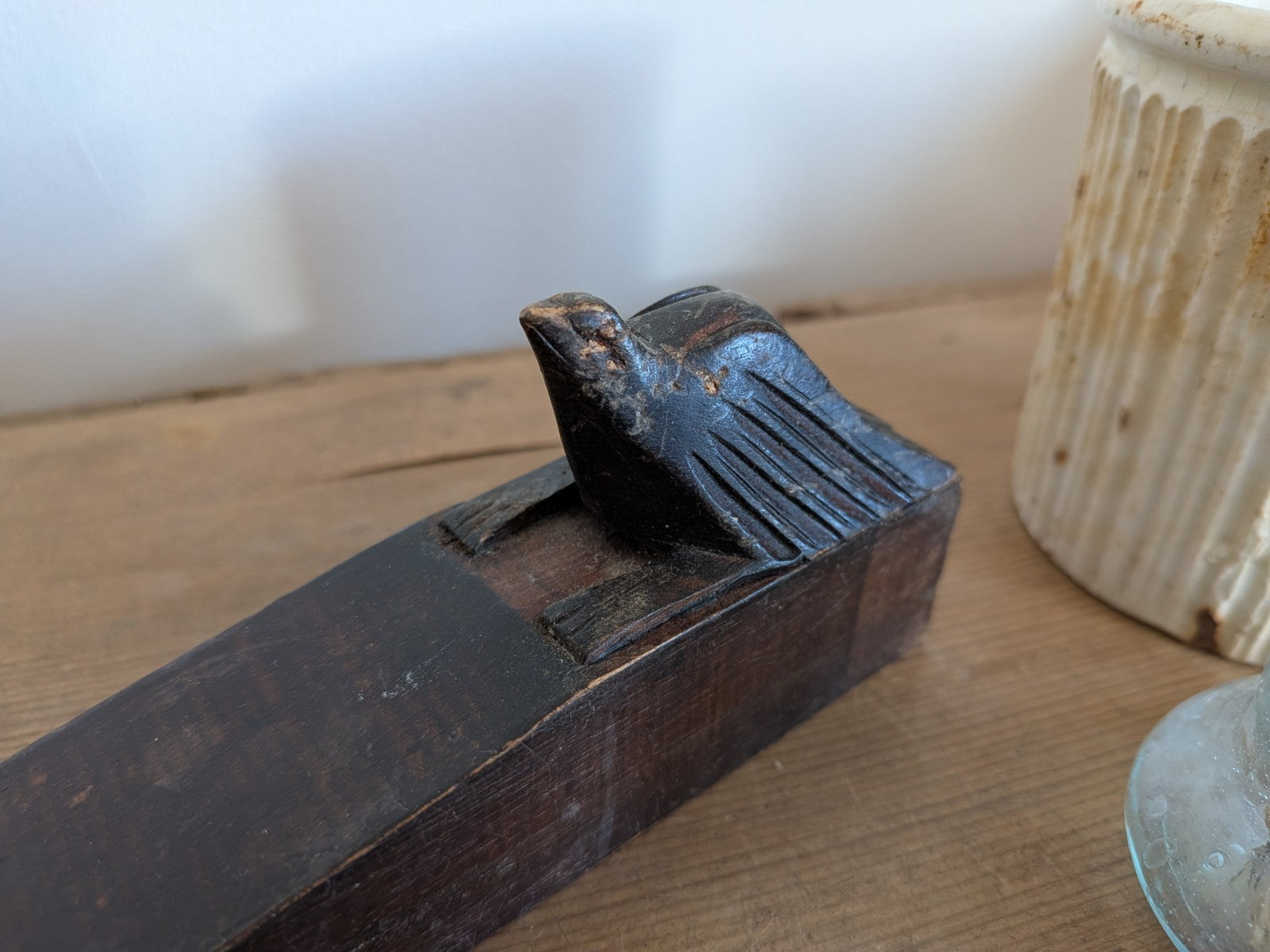 Antique Carved Bird Doorstop Primitive Wood Wedge Eagle Hawk Folk Art Phoenix 