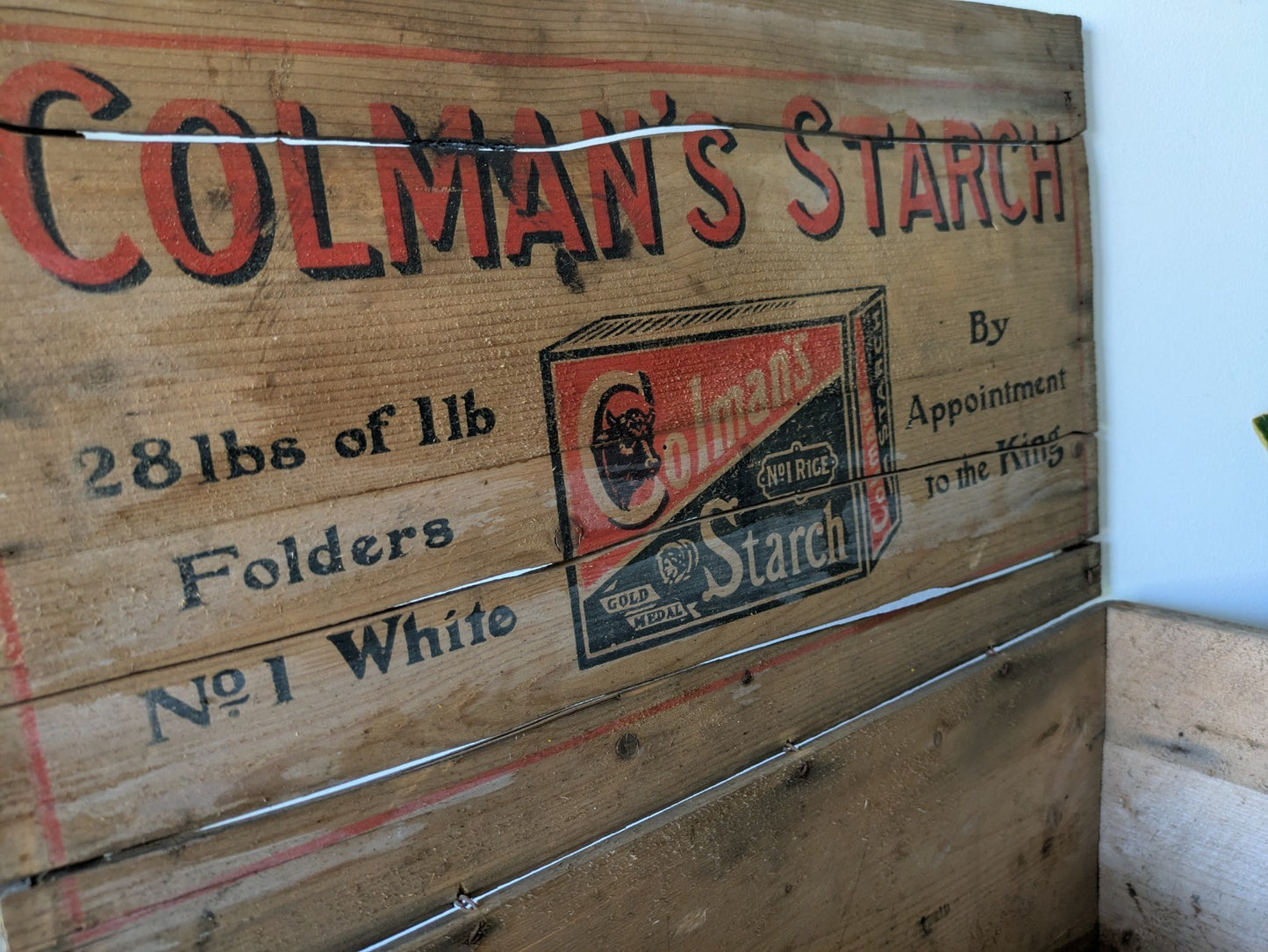 Antique Colmans Starch Printed Wooden Crate Original Large Vintage Advertising 
