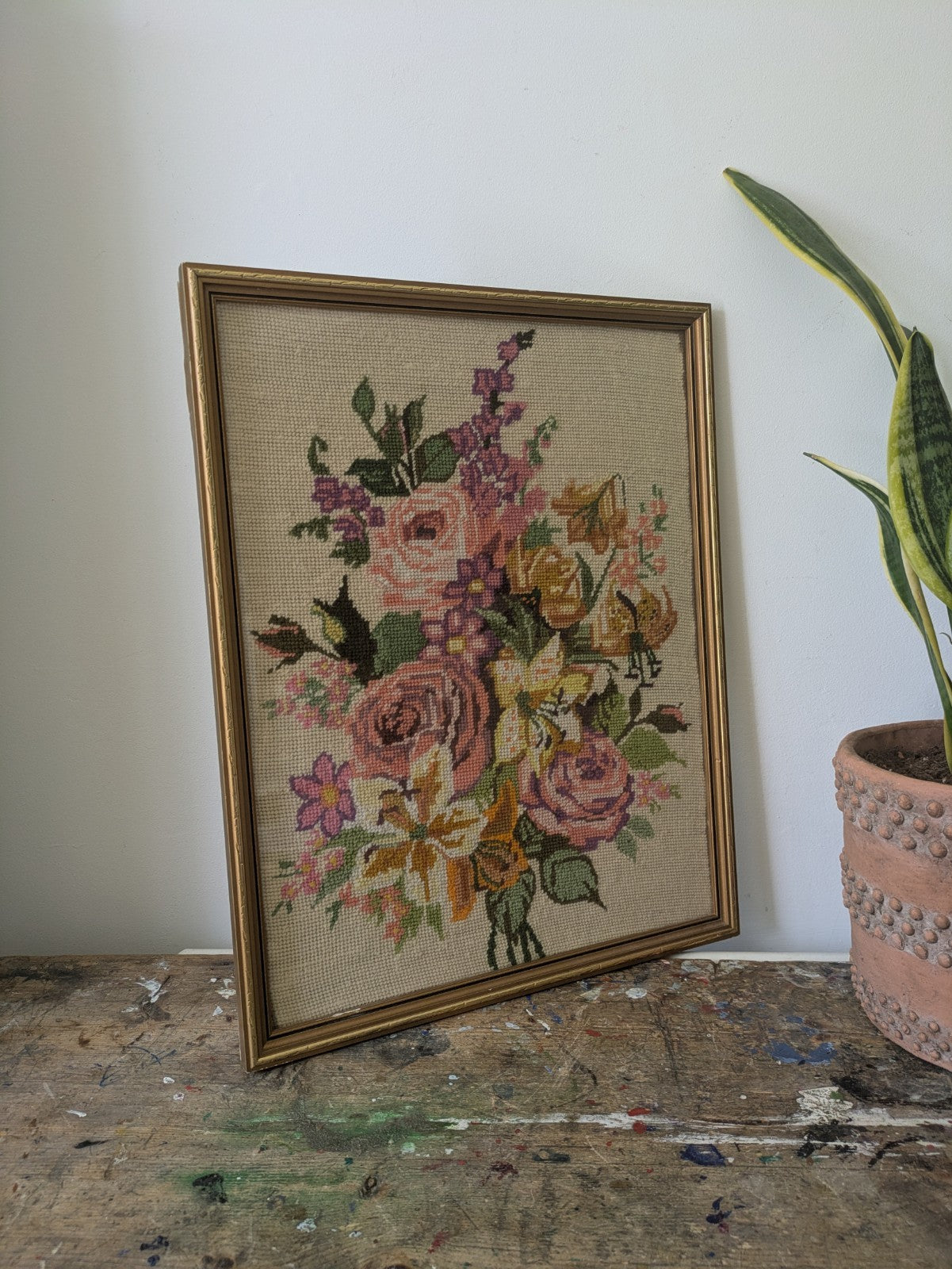 Vintage Floral Embroidery Cross Stitch Picture Tapestry Rose Bouquet Framed Vgc