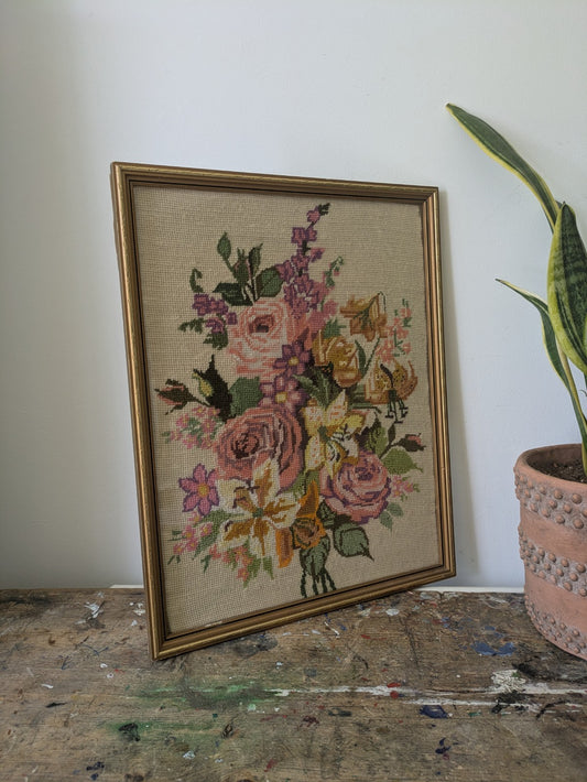 Vintage Floral Embroidery Cross Stitch Picture Tapestry Rose Bouquet Framed Vgc