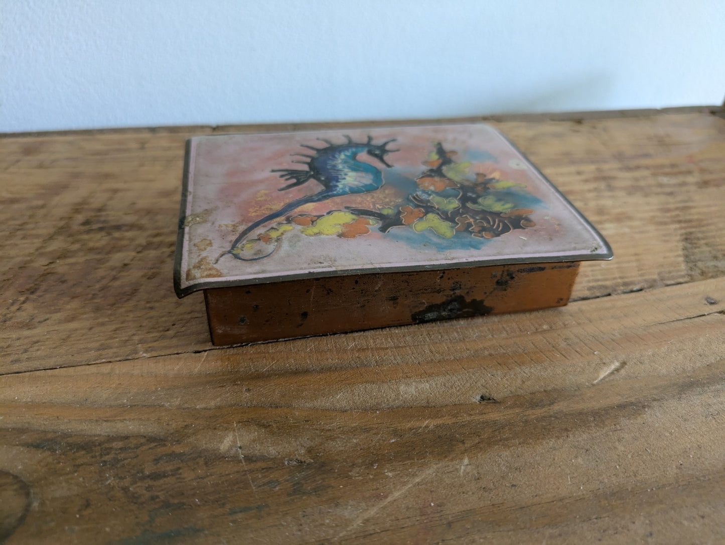 Vintage Seahorse Enamelled Mid-Century Copper Trinket Box Pink Signed Retro Vgc
