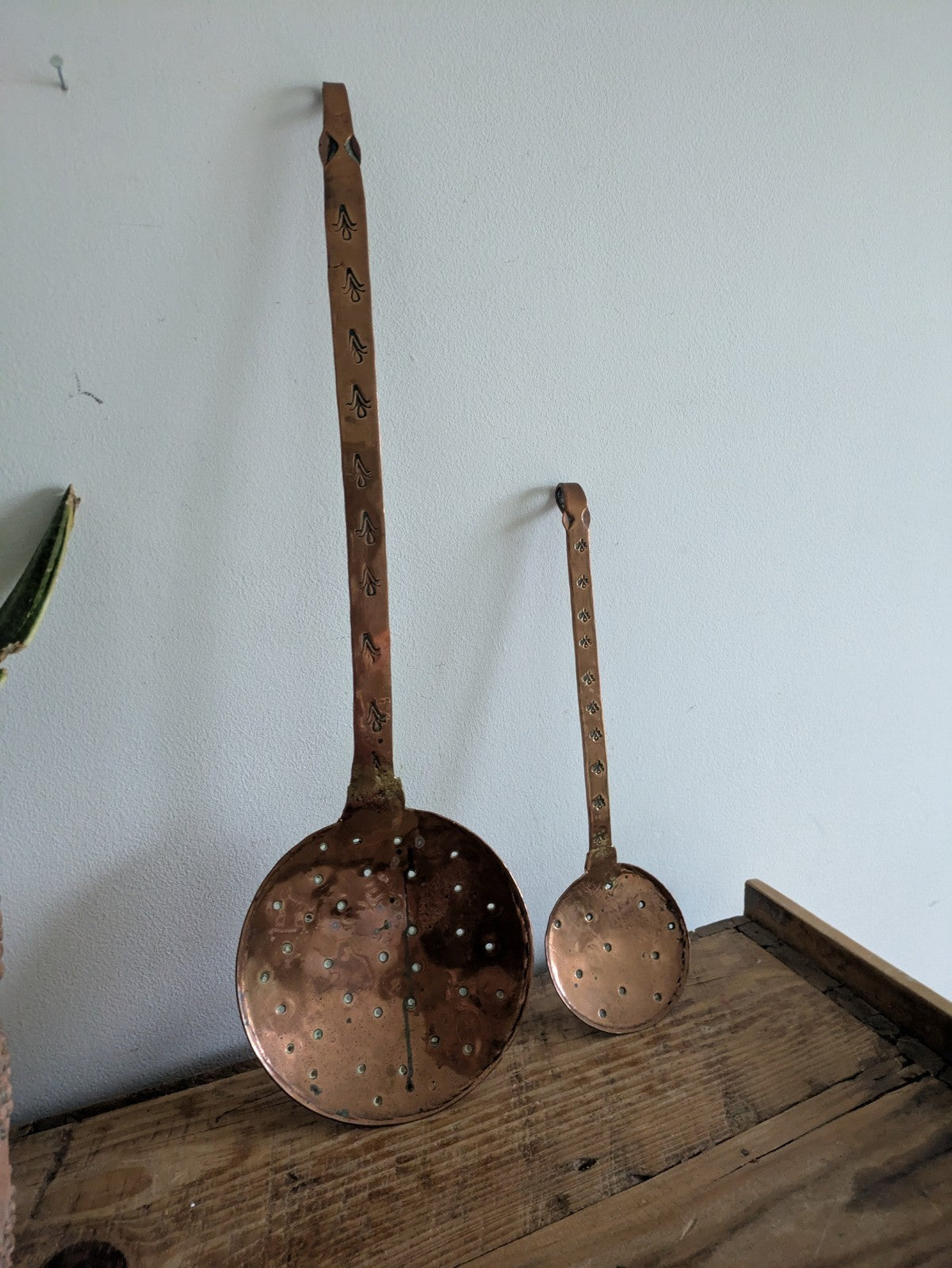 2x Antique 19th Century French Hammered Copper Strainer Skimmer Kitchenalia Vtg