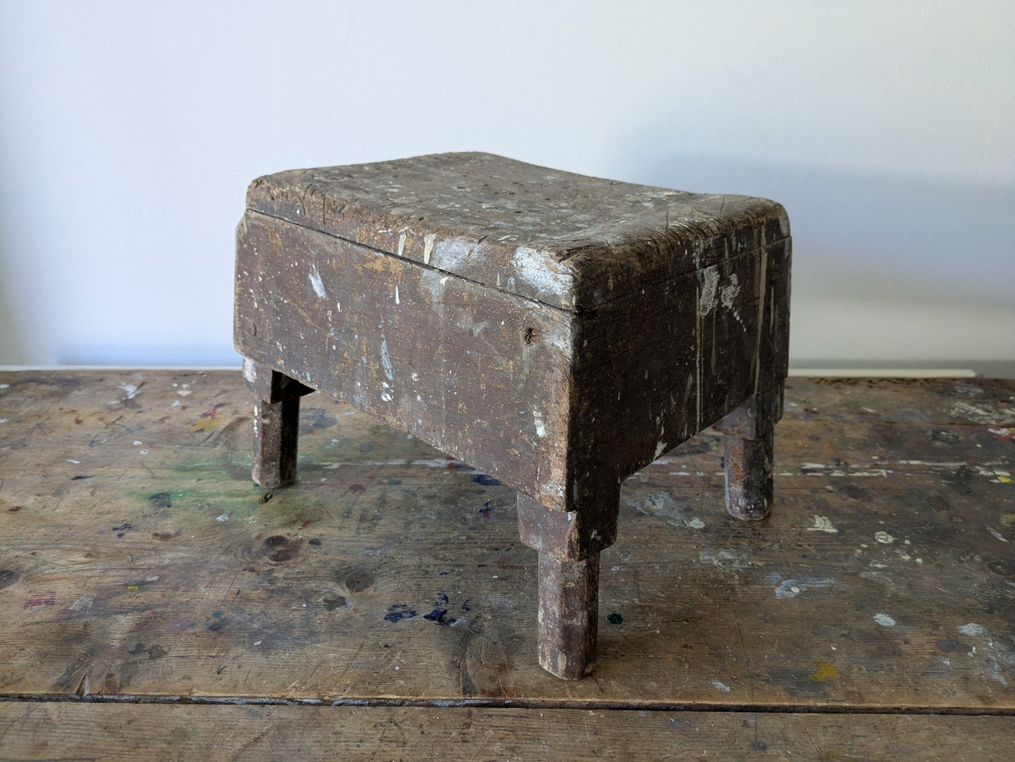 Antique Vintage Painters Stool Bench Wooden Seat Worn Distressed Artist Chippy 