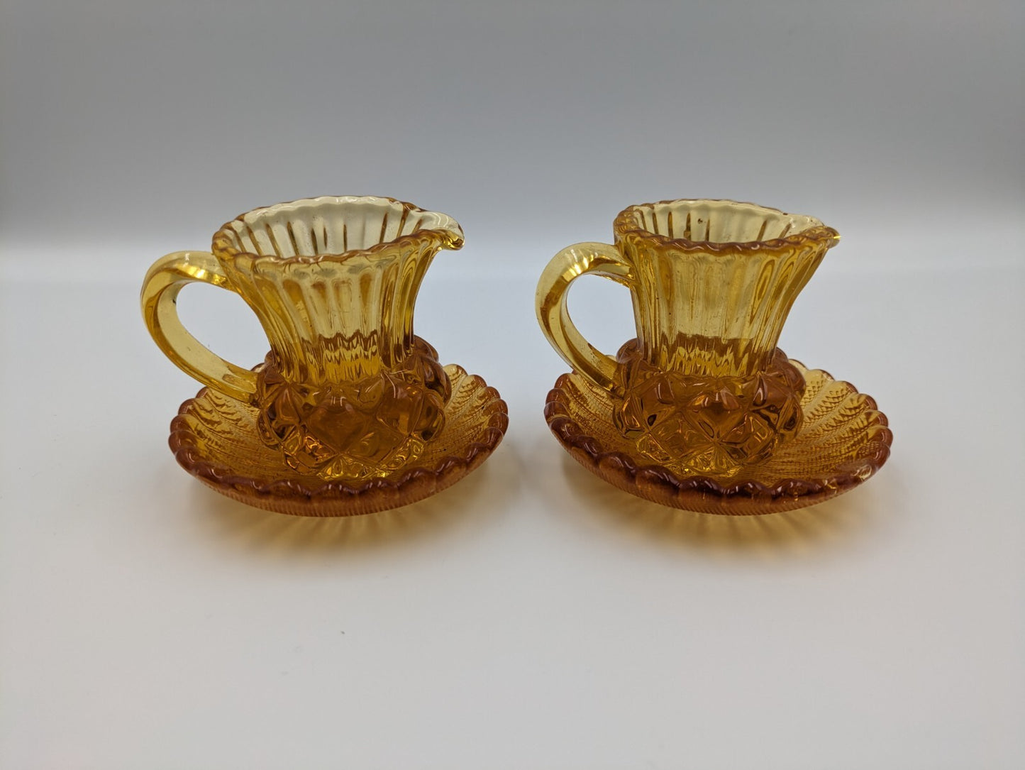2x Vintage Amber Glass Thistle Shape Cream Milk Jug Toothpick Holder Saucer Rare