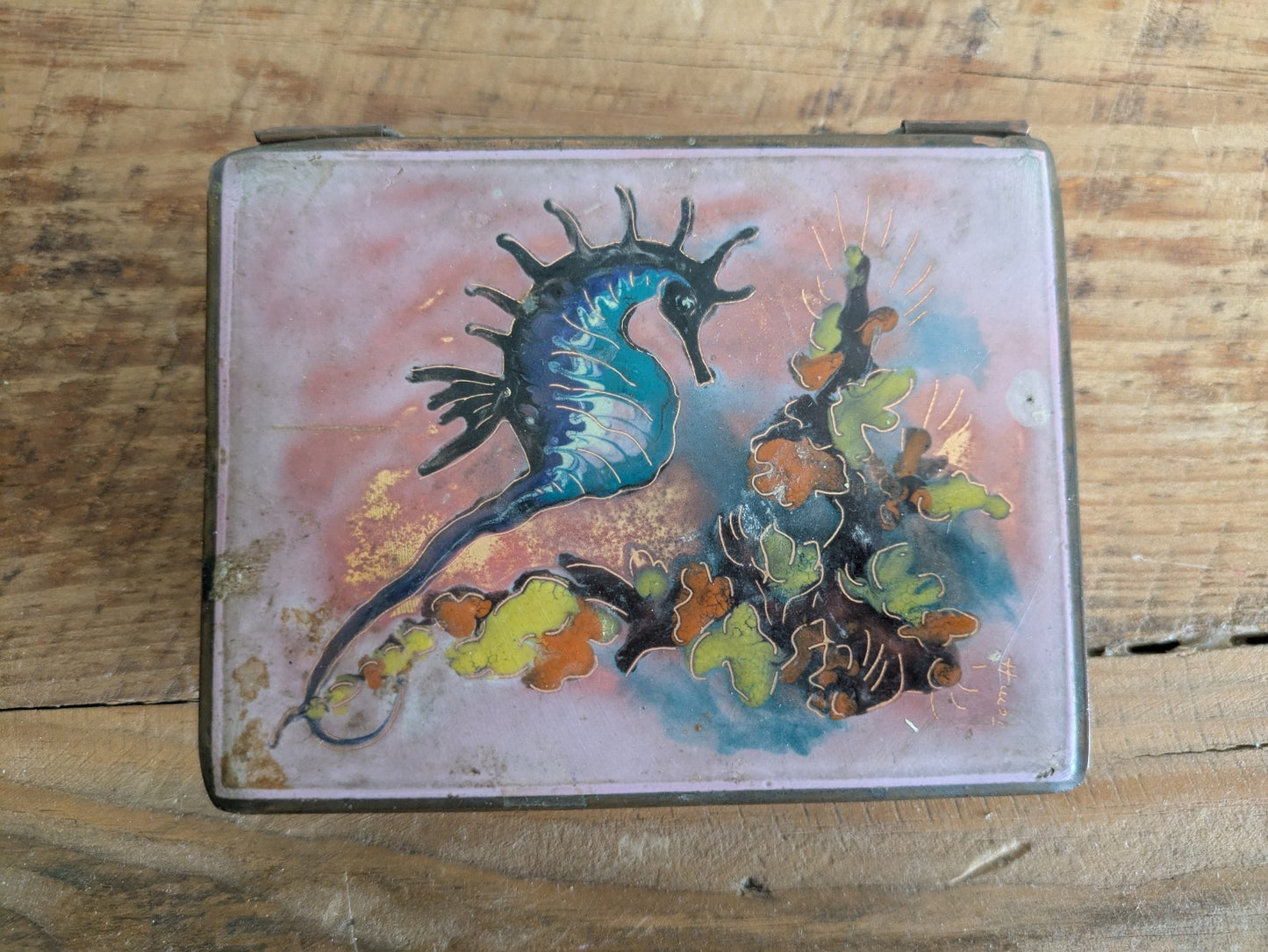 Vintage Seahorse Enamelled Mid-Century Copper Trinket Box Pink Signed Retro Vgc