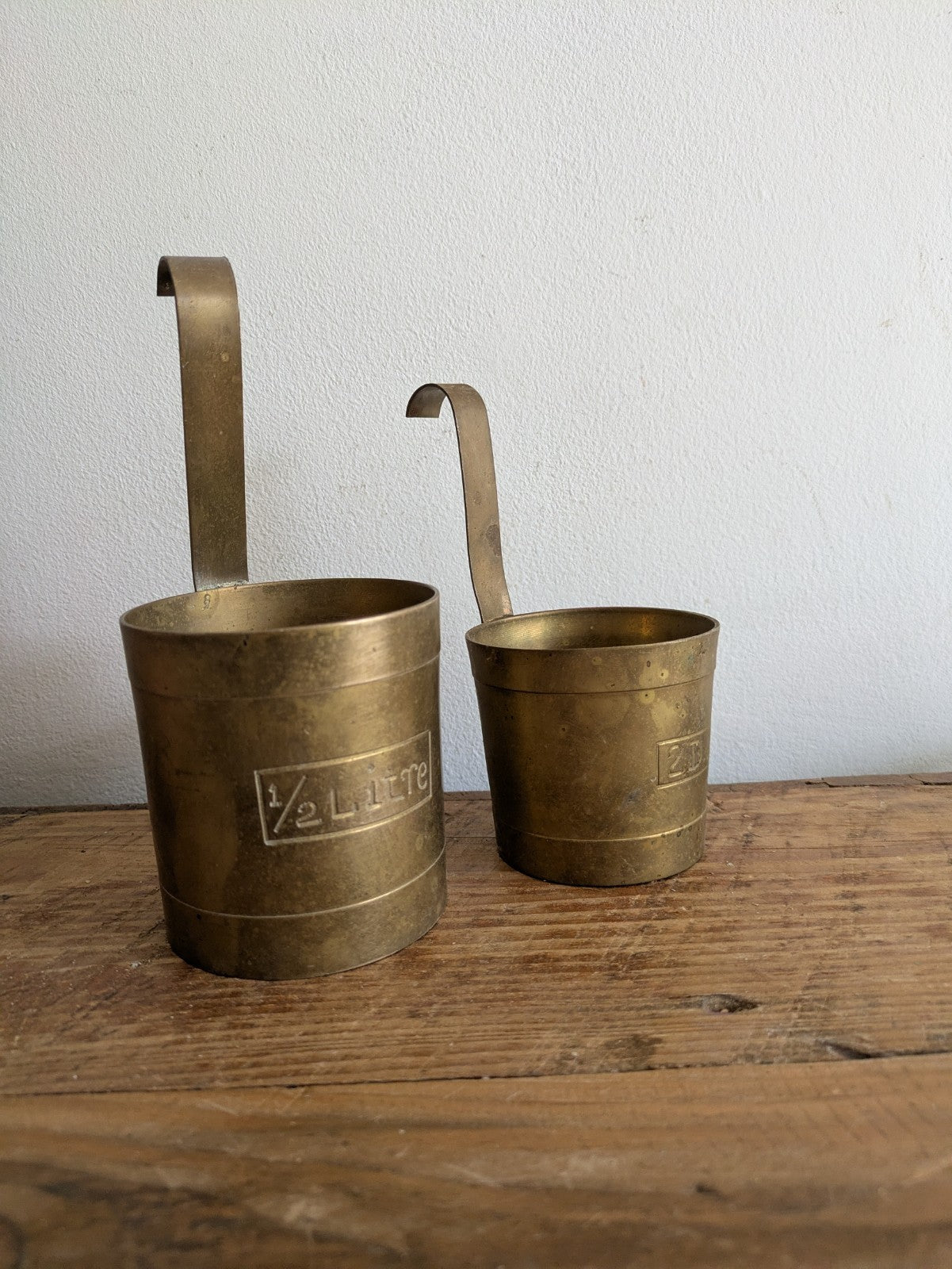 Set 2 Measuring Cups. Brass. Hanging Hooks. Vintage Planters x2 Milk Pots Props