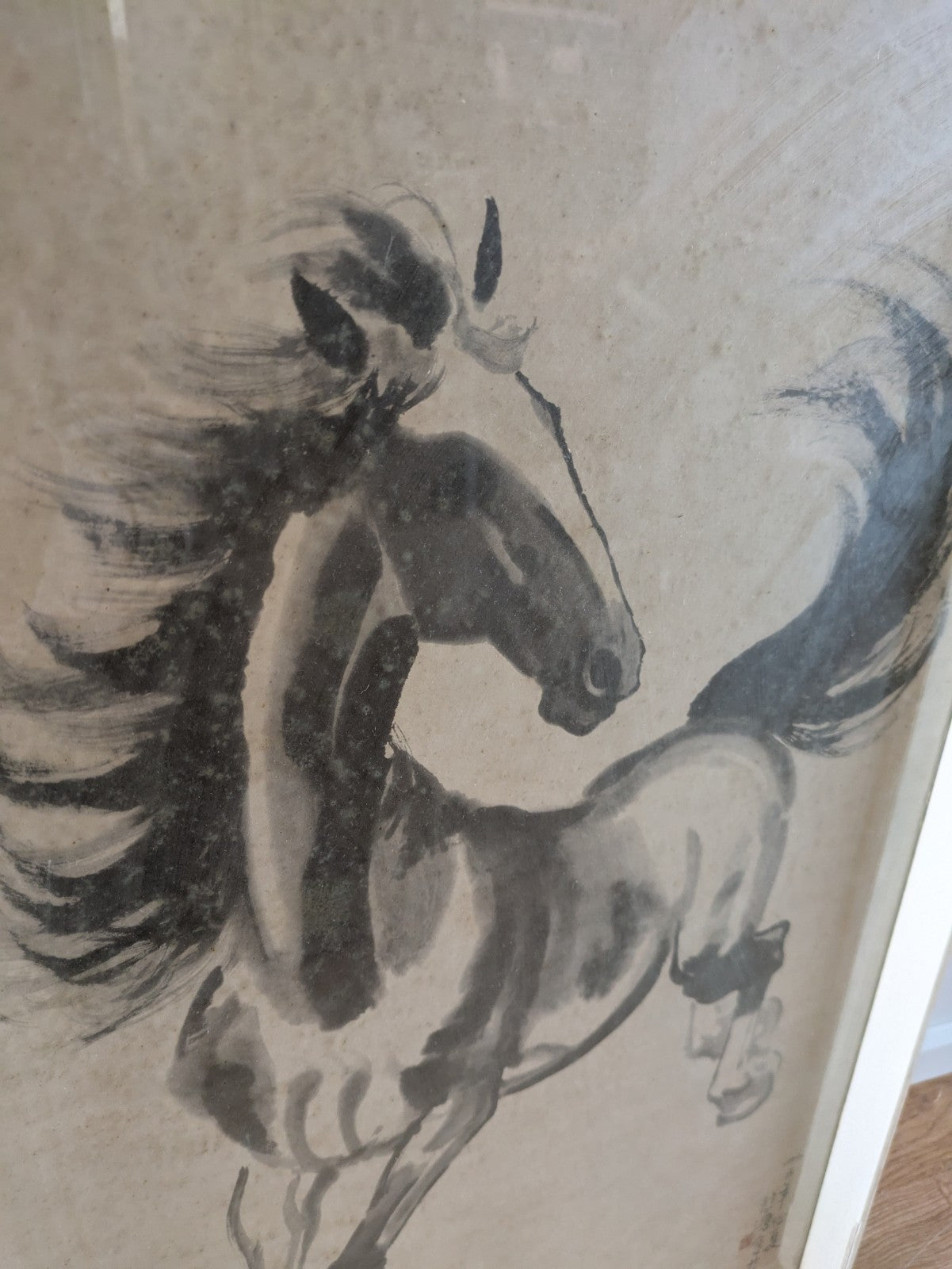 Mcm Large Vintage 1950s Framed Xu Beihong Print Chinese Galloping Horse Ink Old