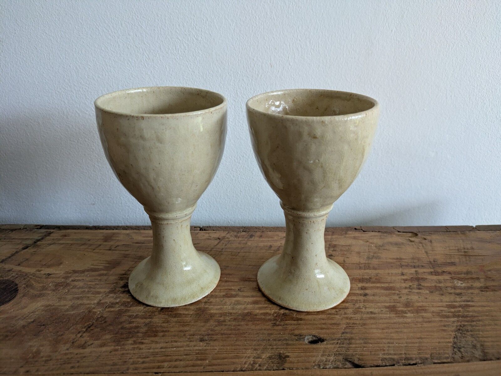 2x Vintage England Speckled Pottery Goblet Cup Mid Century Pair Set Wine Vessels