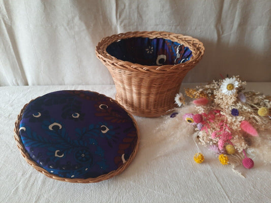 retro VINTAGE WICKER PRIMITIVE ROUND BUCKET SEWING BASKET WITH LID PURPLE MIDCEN