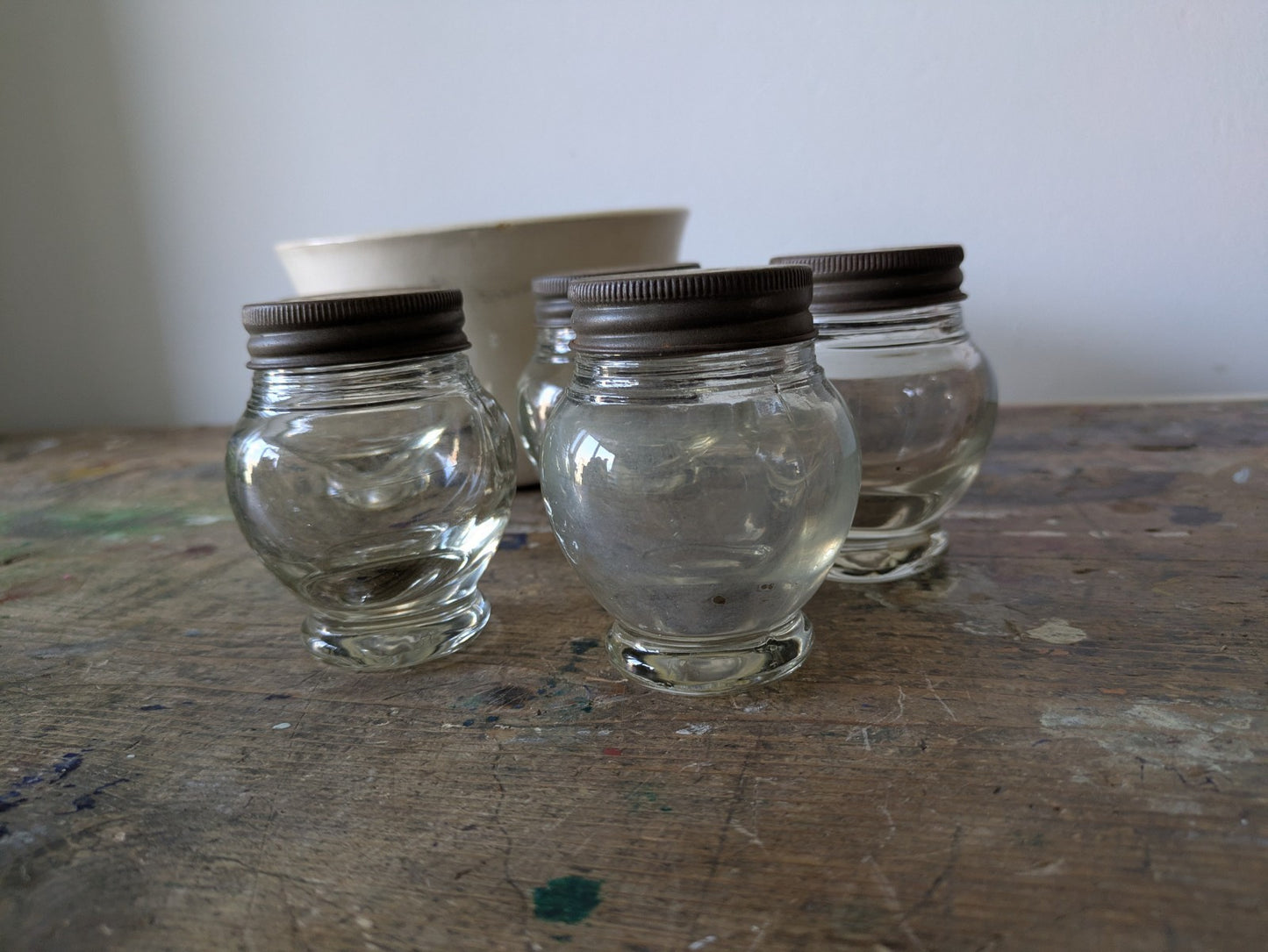 5x Rare Antique Bulb Thick Glass Round Shaped Bakers Cabinet Spice Jars Set VTG