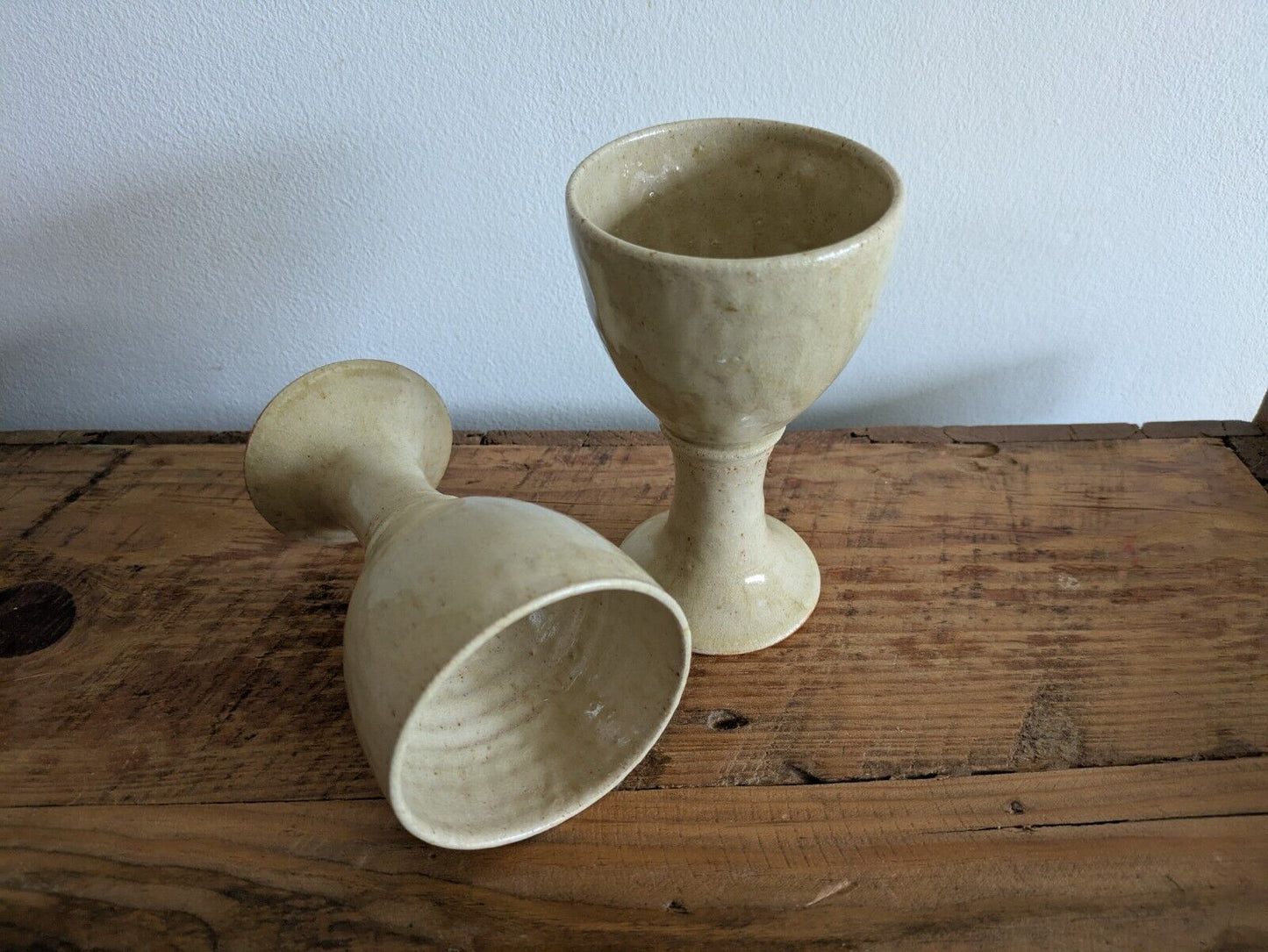 2x Vintage England Speckled Pottery Goblet Cup Mid Century Pair Set Wine Vessels