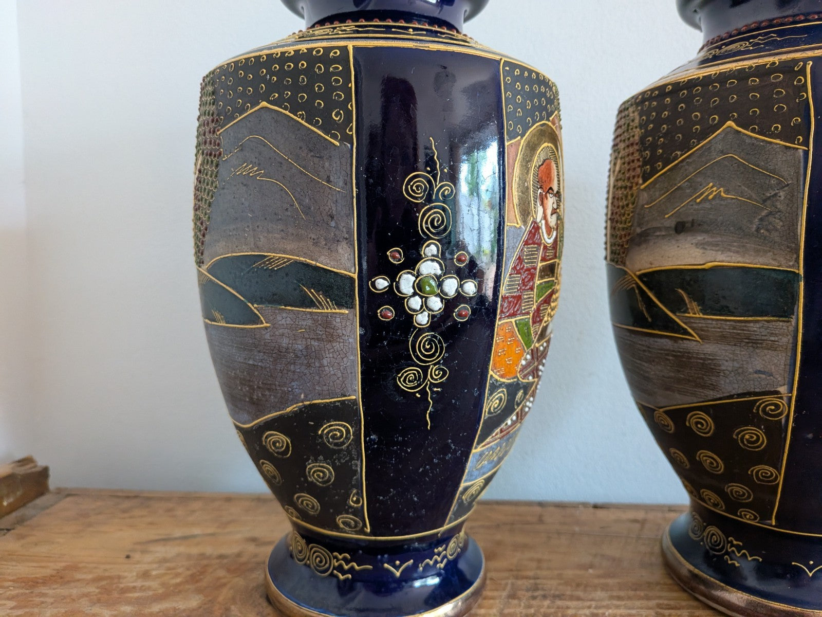 Pair Antique Early 1900s Satsuma Moriage Oriental Vase / Made in Japan Blue Vgc