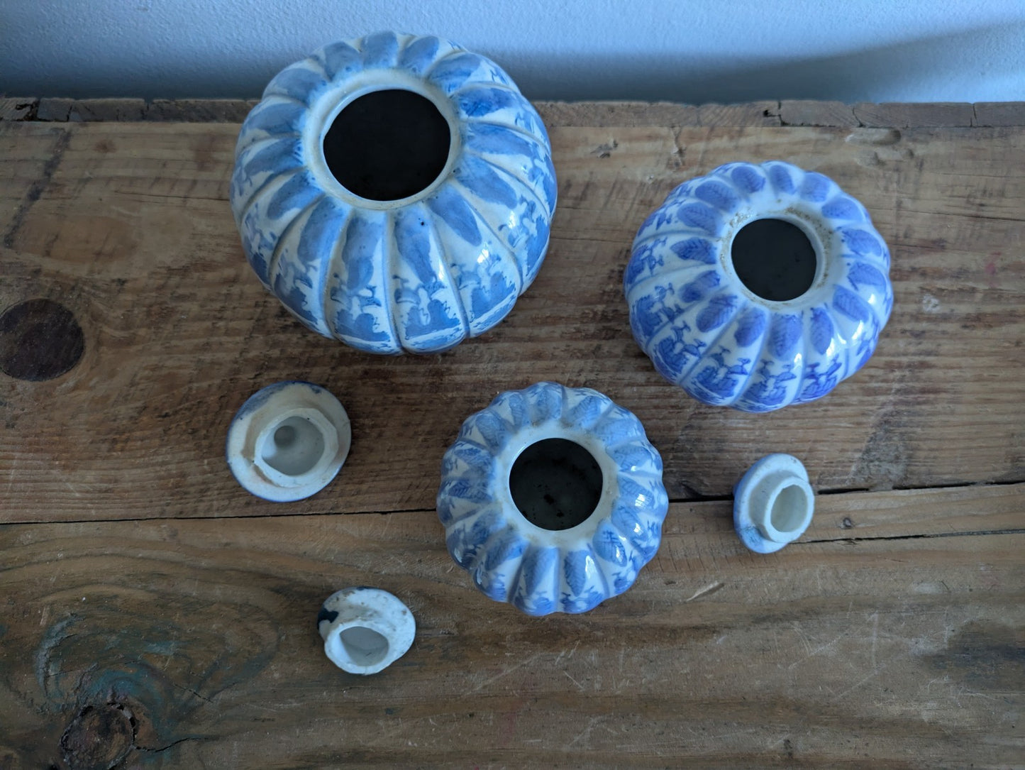 Set of 3 Chinoiserie Blue and White Porcelain Pumpkin-Shaped Ginger Jars Trio 