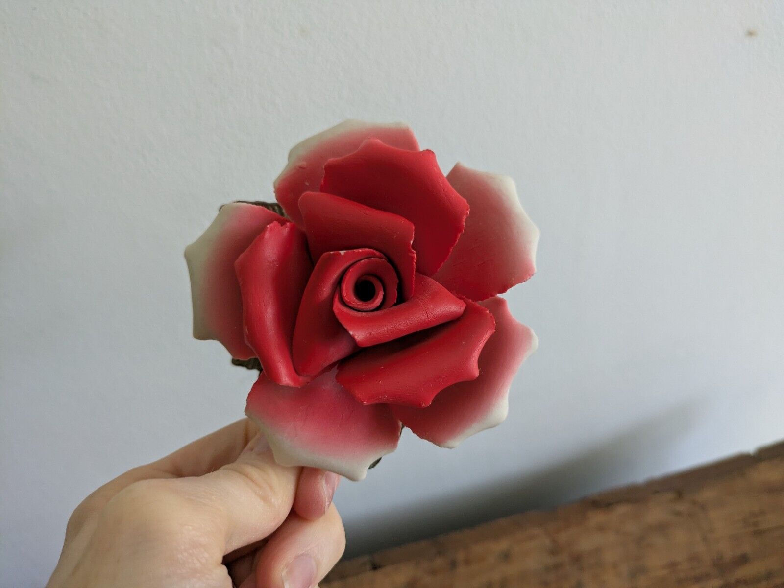 Vintage Capodimonte ~ Red Rose Flower On Metal Stand  ~ Excellent 1970s Kitsch