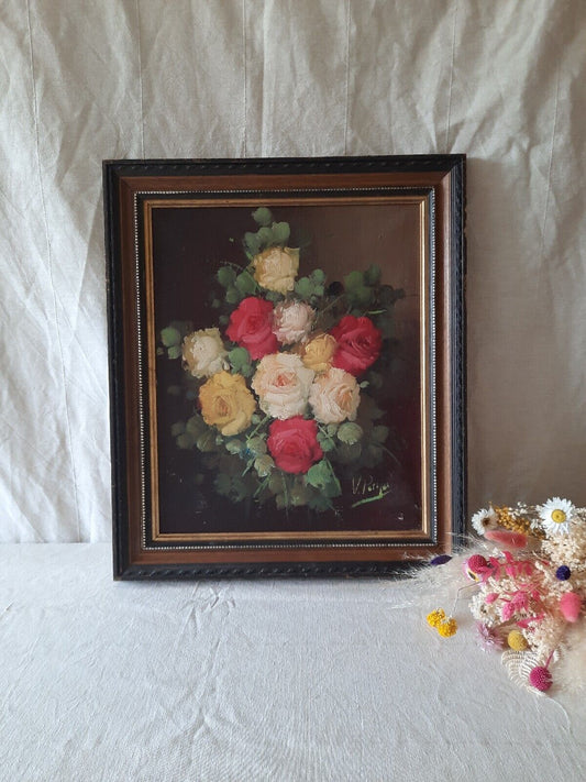 Large Original Vintage Antique Still Life Of Roses Oil On Canvas Painting Antiqu