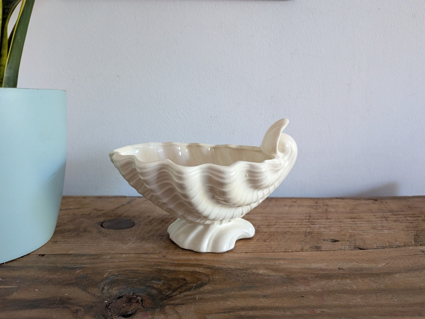 Vintage White Clam Shell Pottery Planter Footed Bowl Mid Century Bowl Planter