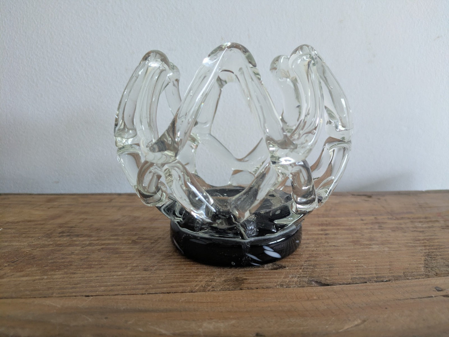 Vintage Murano Style Lattice Webbed Vase Glass Black Clear Centrepiece Bowl Vgc