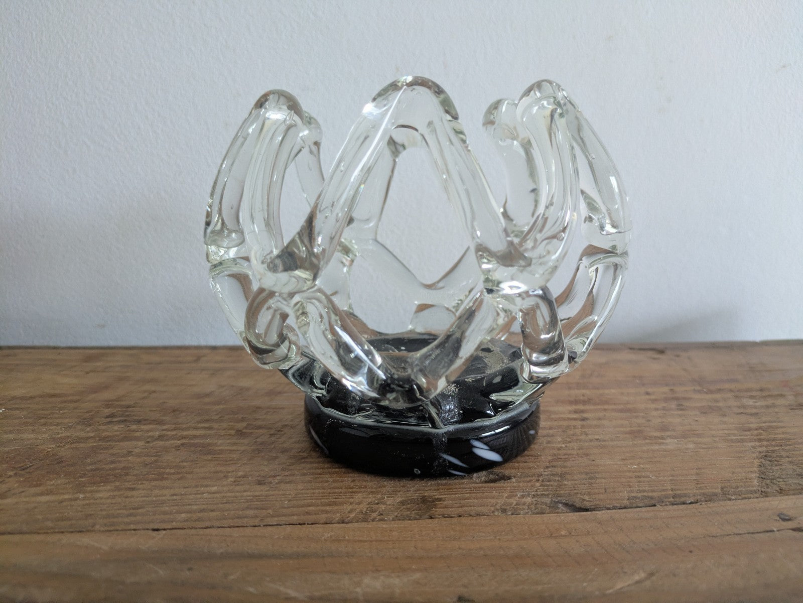 Vintage Murano Style Lattice Webbed Vase Glass Black Clear Centrepiece Bowl Vgc