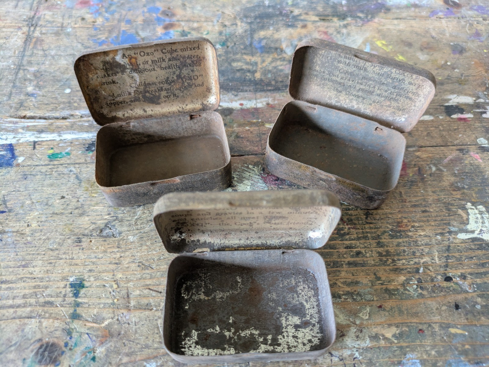3x Vintage Miniature OXO Cubes Tins Small Rusty Kitchen Advertising Food Gravy 