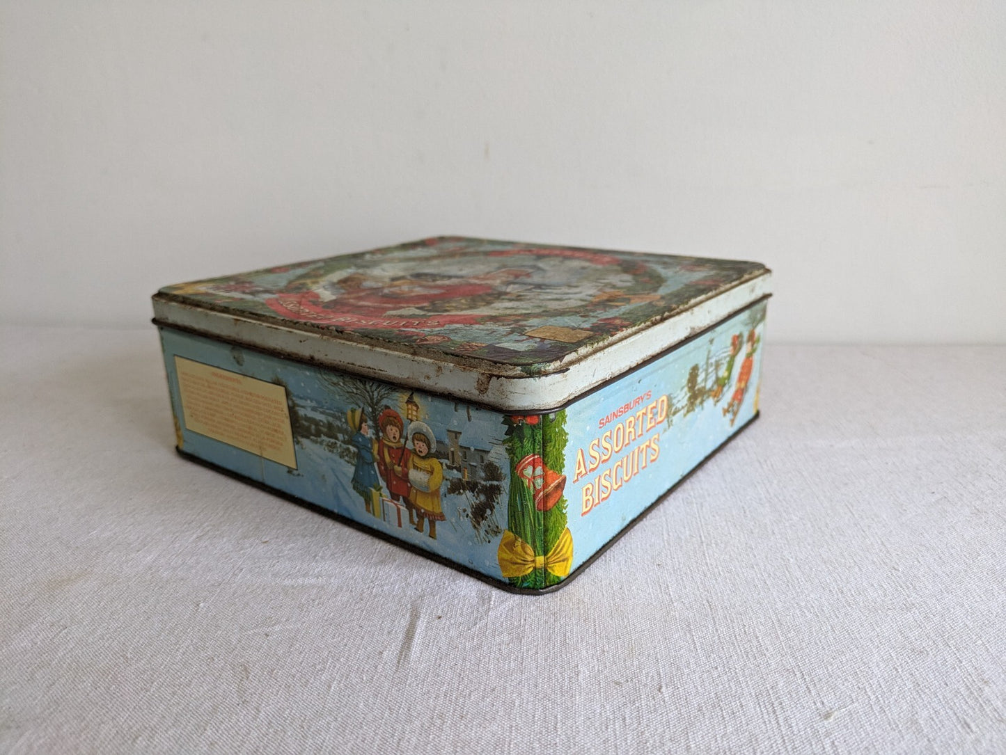 Vintage Sainsbury's Christmas tin Santa Claus Old Original Biscuits Xmas Rare Sq