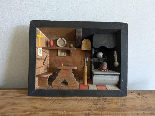 Vintage Folk Art 3D Wood Diorama Hand painted Kitchen Cottage Wall Decor Stove