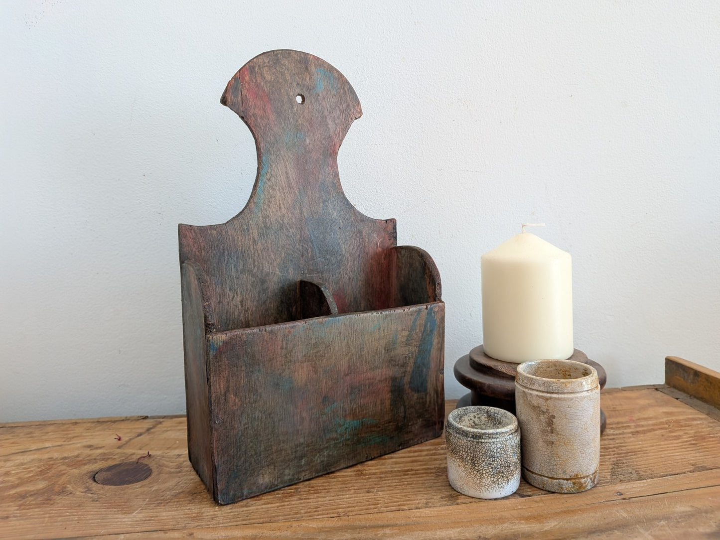 Rustic Wooden Country House Candle Box Wall Sconce Paint Brush Holder VTG Style 