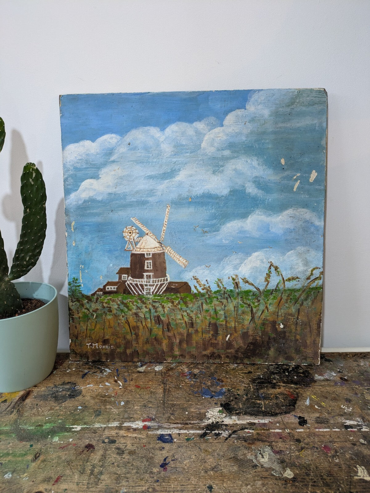 Vtg Painting T Morris Farm Windmill Oil On Board Country Picture Landscape
