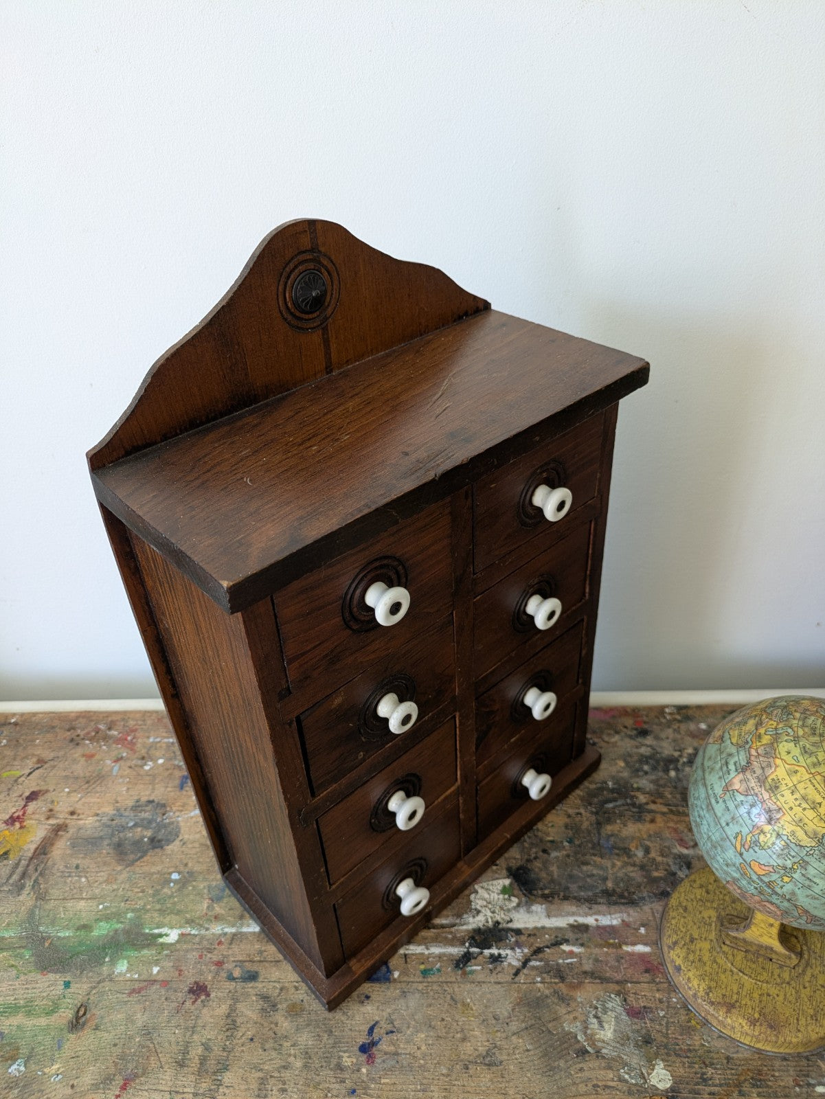 Antique Set of Eight Early 20th Century Wooden Spice Drawers Porcelain Knobs Vtg