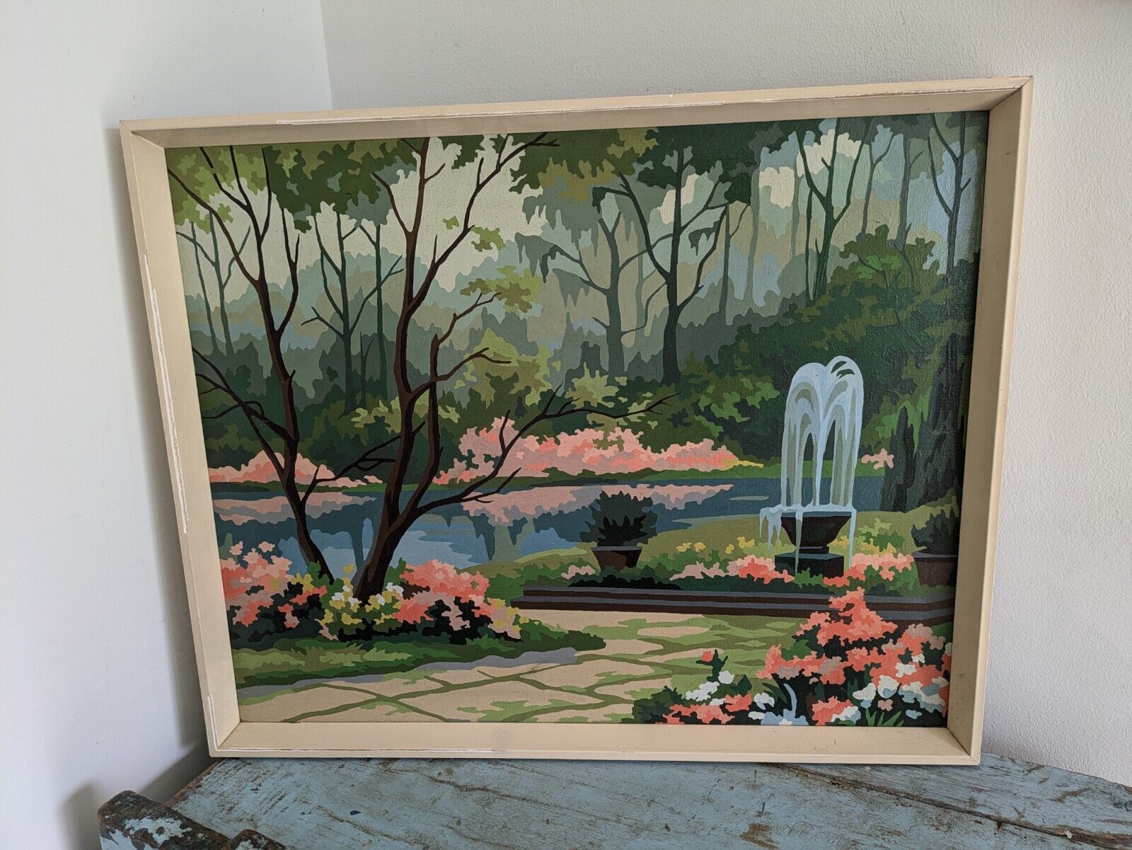 Vintage Framed Paint by Number PBN Fountain Park Scenic Nature Gardens Stream