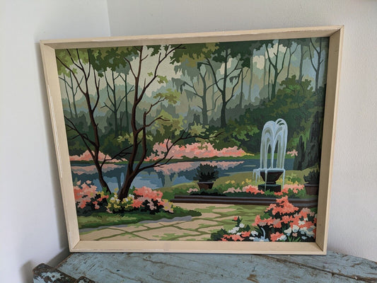Vintage Framed Paint by Number PBN Fountain Park Scenic Nature Gardens Stream