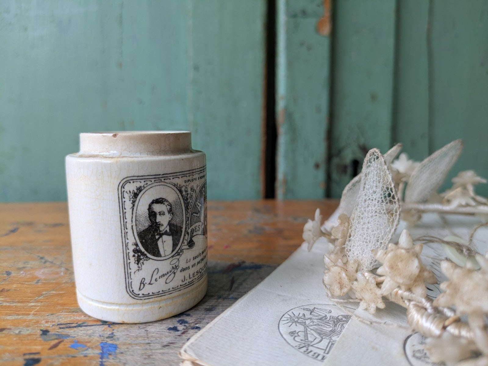 French Vintage Antique Printed Ironstone Ointment Pot Lid Cream Jar La Reine 
