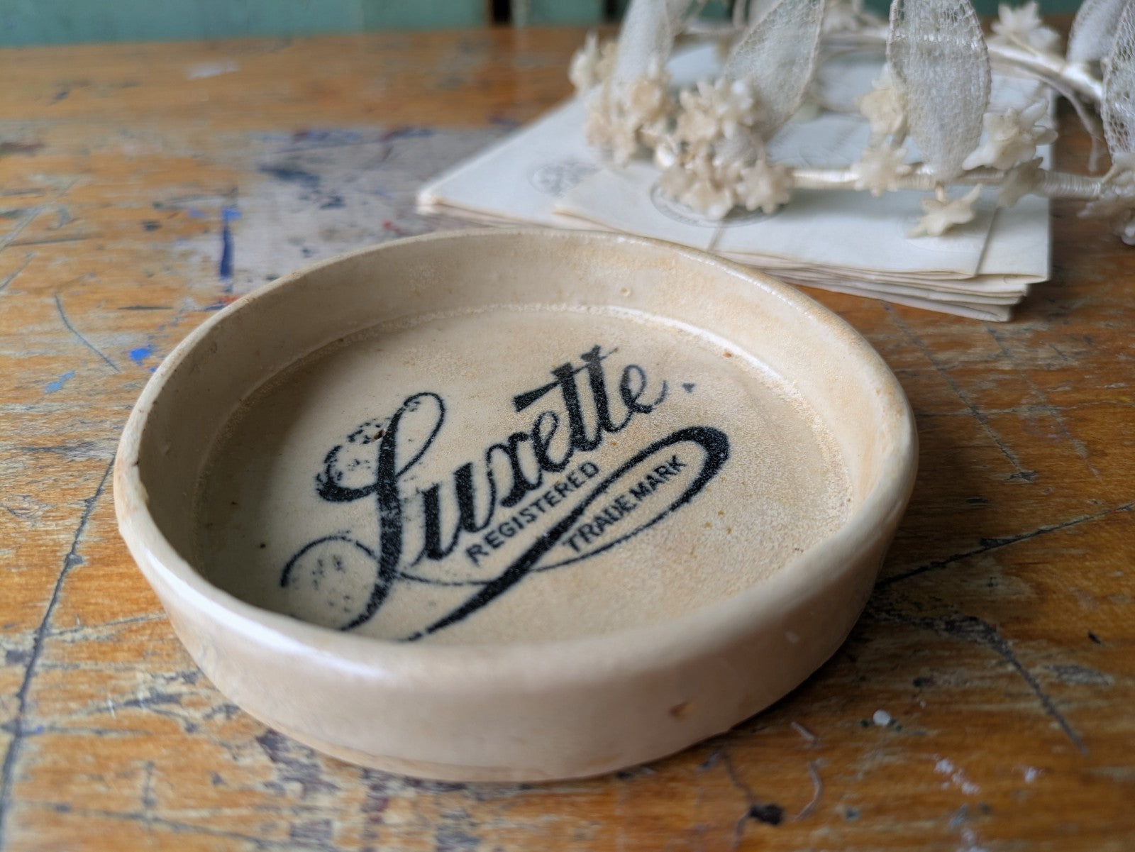 Old Vintage Antique Printed Pottery Ceramic Sign Tip Ashtray Luxette Soap Dish