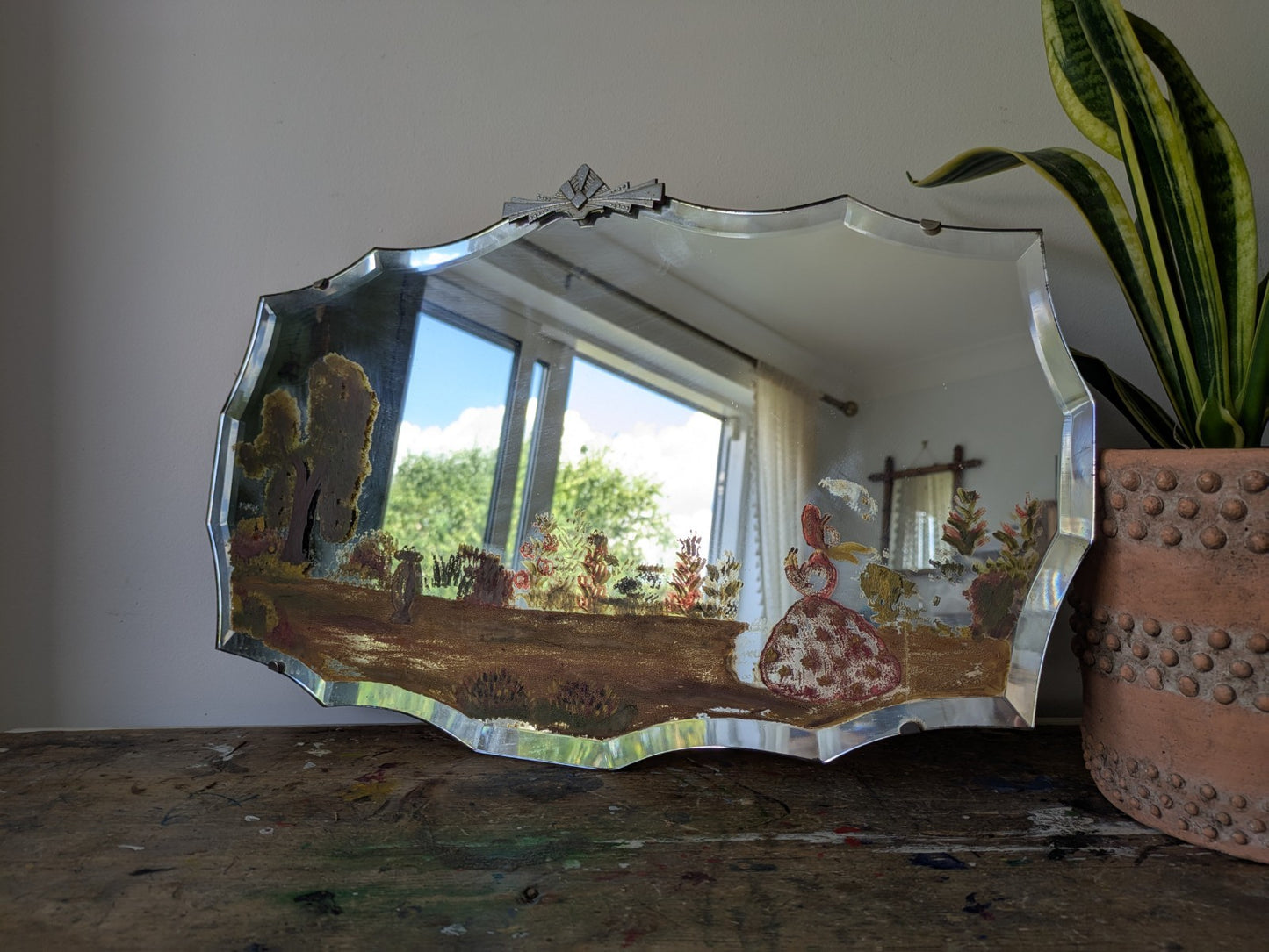 Vintage Art Deco Hand Painted Bevelled Wall Mirror Crinoline Lady Spring Garden