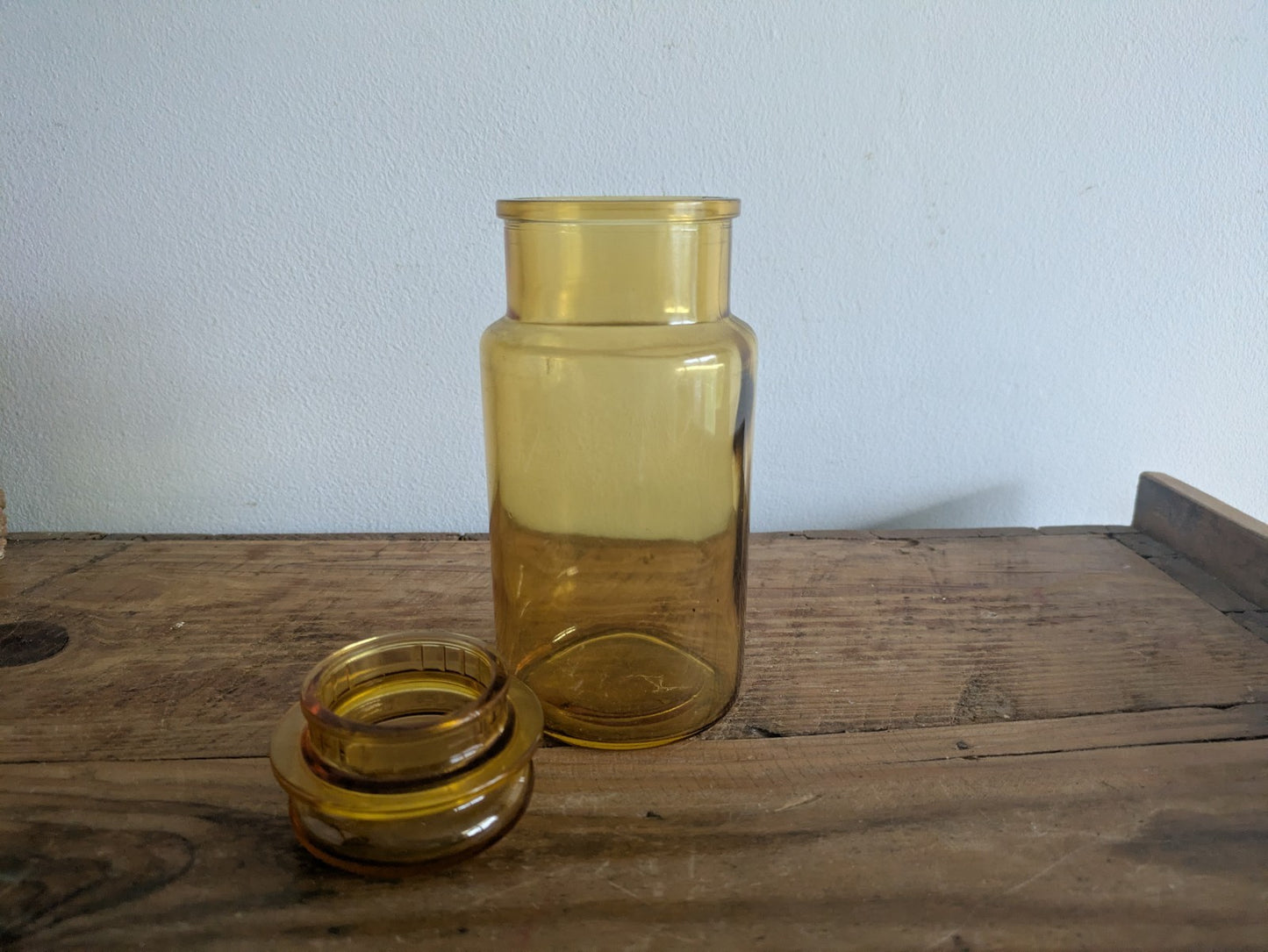 Vintage French Yellow Amber Glass Apothecary Storage Jar Pot Kitchen Prop Vanity